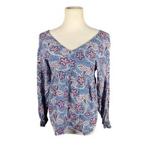 Andree by Unit Womens Blue Pink Floral Mosaic V-Neck Tie Back Blouse Sm 19624-1